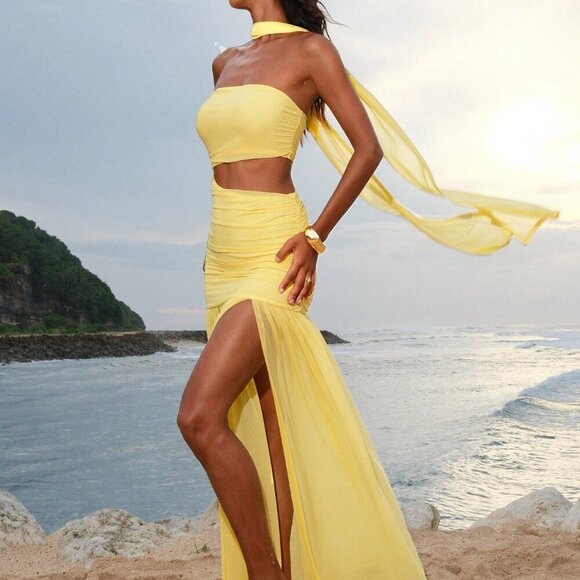Yellow Women's Beach Sexy Elegant Wedding Maxi Dress w/scarf - Picture 5 of 7